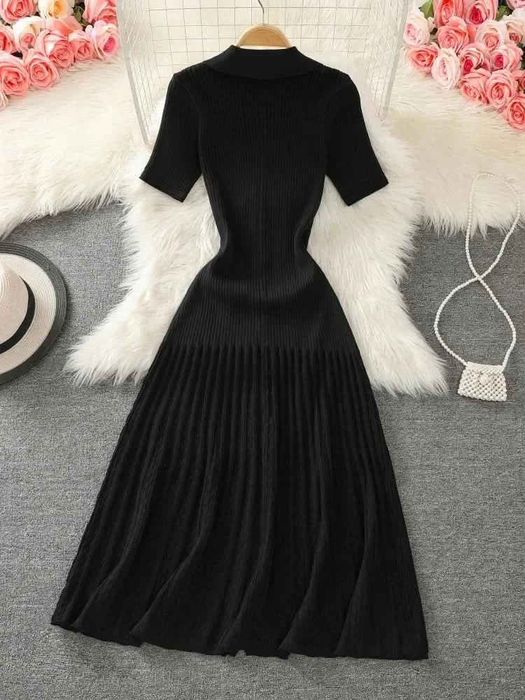 Summer 2024 New Women's Black Beige Single Breasted Knitted Long Dress Green Elegant Office Lady Short Sleeve Pleated Dress Chic - M & M Global