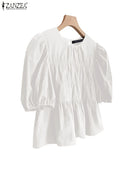 ZANZEA Women Summer Tops Short Sleeve Blouse 2025 Casual Solid Color Tunic Female Ruffled Round Neck Pleated Blusas Oversized