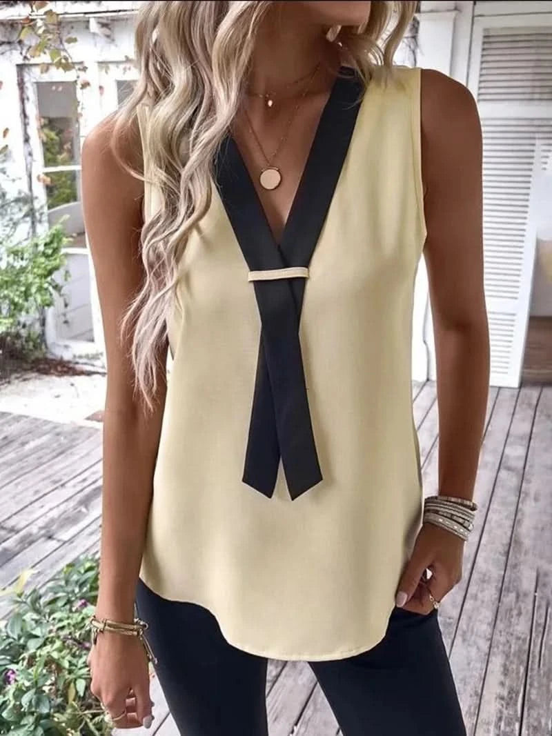 Elegant Women's Blouse Tees 2023 Summer Fashionable Style V-Neck Panel Sleeveless Top Lady Shirt S-XXXL - M & M Global