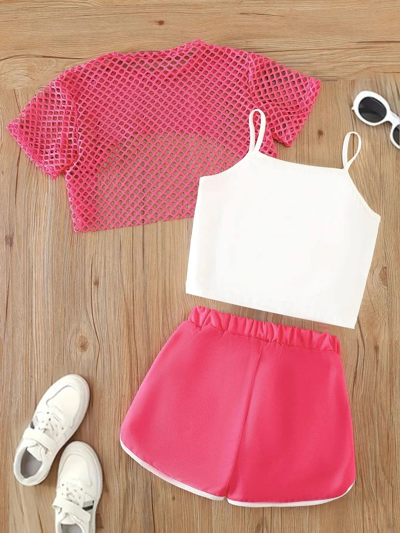 Girls Three-Piece Clothing New Breathable Summer Thin Fashion Short-Sleeved Mesh Top + Letter Printed Short Vest Suspender + Letter Printed Sports Shorts - M & M Global