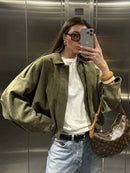 Women Green Suede Jacket 2026 New Spring Fashion Long Sleeve Zipper Oversize Bomber Jackets Chic Female Street Casual Coats ﻿
