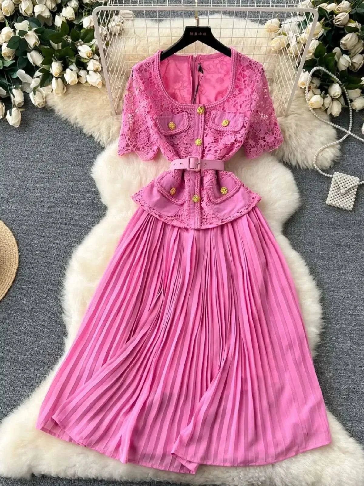 Designer 2025 Summer Pleated Chiffon Lace Long Dress Women Flower Embroidery Gold Button Belt Evening Party Dresses Wedding Robe - M & M Global