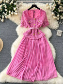 Designer 2025 Summer Pleated Chiffon Lace Long Dress Women Flower Embroidery Gold Button Belt Evening Party Dresses Wedding Robe - M & M Global