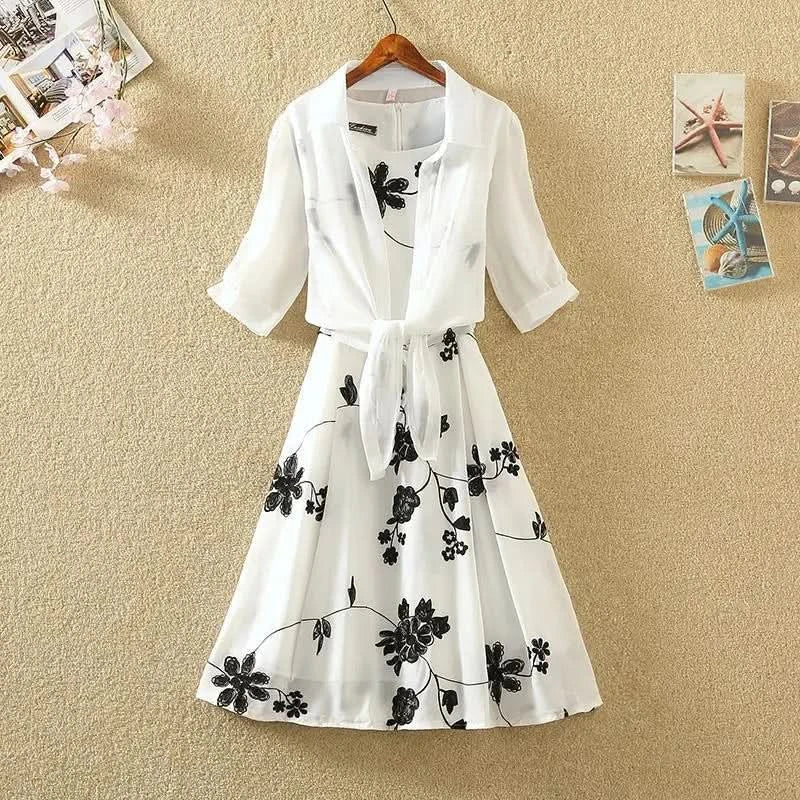 New Elegant Suit Two-piece Dress High Waist Sleeveless Slim A-line Skirt Floral Embroidery White Top Bow Belt Vintage  WOMEN - M & M Global