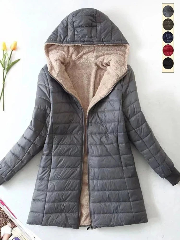 New Mid Length Korean Edition Hooded Fit Women Jackets Autumn Winter Mid-length Office Cotton Coats Warm Lamb Fleece Parkas