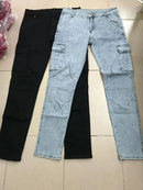 Men Street Elastic Denim Jeans Wash Solid Color Multi Pockets Cargo Pants Casual Slim Fit Daily Wear Joggers Mid Waist Trousers - M & M Global
