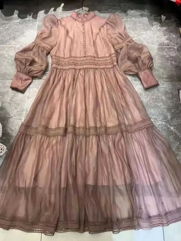 UCXQ Elegant Long Dress Fairy Style Stand Up Collar Lantern Sleeves Splicing Waist Fashion Dresses Women 2025 Spring Autumn 1351 - M & M Global
