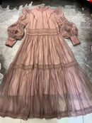 UCXQ Elegant Long Dress Fairy Style Stand Up Collar Lantern Sleeves Splicing Waist Fashion Dresses Women 2025 Spring Autumn 1351 - M & M Global