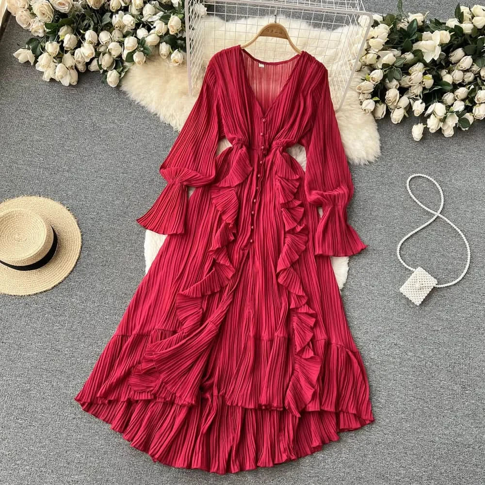 Purple/Brown/Red Chiffon Pleated Long Dress Women Vintage V-Neck Flare Sleeve Draped Ruffle Vestido Female Maxi Robe Spring Fall - M & M Global