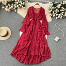 Purple/Brown/Red Chiffon Pleated Long Dress Women Vintage V-Neck Flare Sleeve Draped Ruffle Vestido Female Maxi Robe Spring Fall - M & M Global