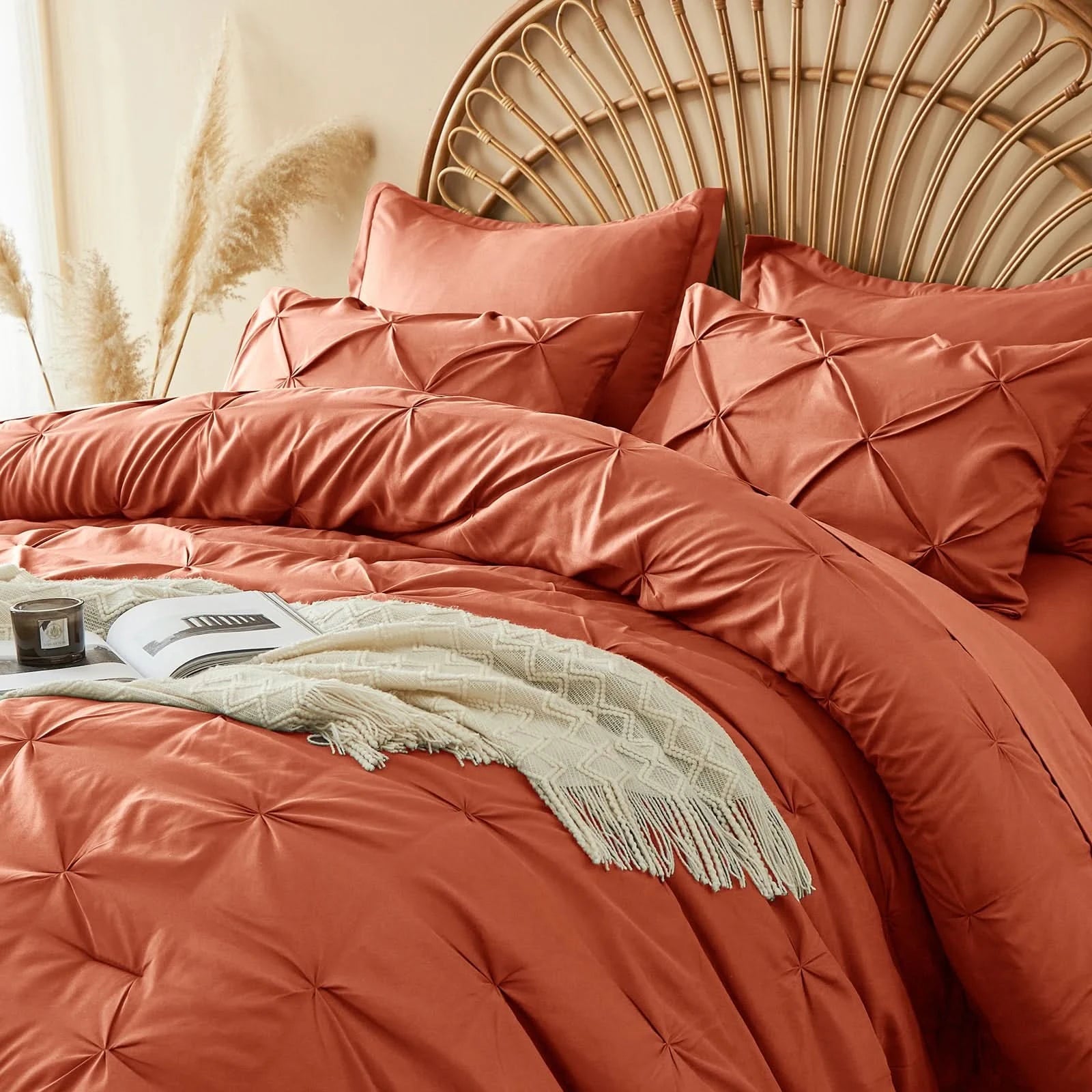 Red quilted bedding set with pillows on a bed with a decorative headboard.
Queen Bedding Set, 7 Piece Bedding Set, Pinch Pleat Comforter, Geometric Bedding, Microfiber Bedding, All Season Comforter, Soft Bedding, Machine Washable, Hypoallergenic Comforter, Luxury Bedding Set, Polyester Bedding, Hotel Quality Bedding, Elegant Bedroom Decor, Gift Bedding Set, Modern Bedding