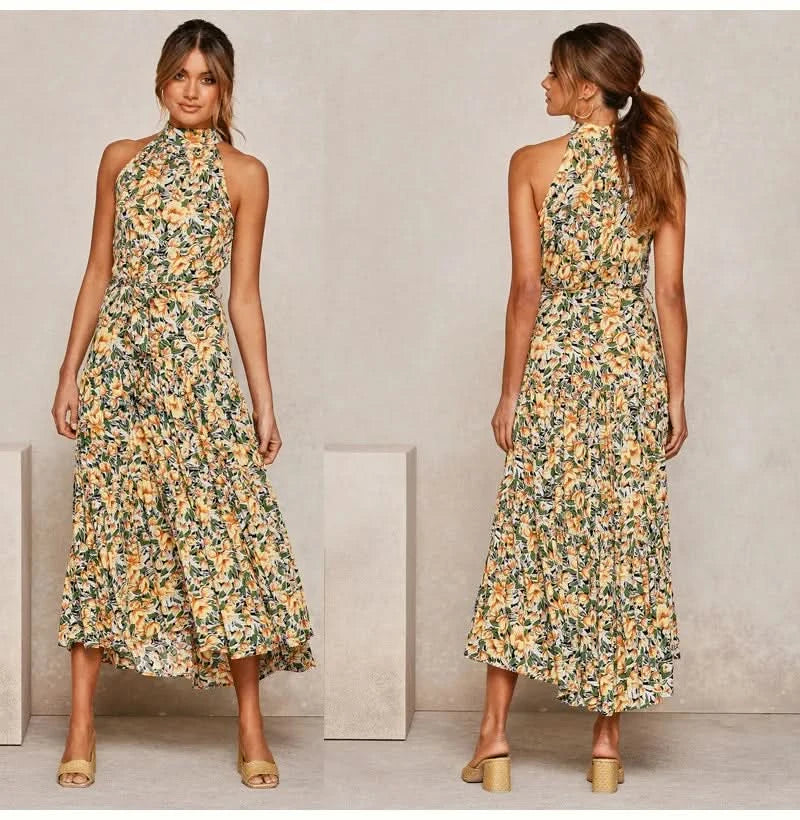 Summer Floral Print Halter Neck Dresses For Women Sleeveless Leace-up Long Dress Casual Beach Holiday Vestidos Female Clothing - M & M Global