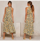 Summer Floral Print Halter Neck Dresses For Women Sleeveless Leace-up Long Dress Casual Beach Holiday Vestidos Female Clothing - M & M Global