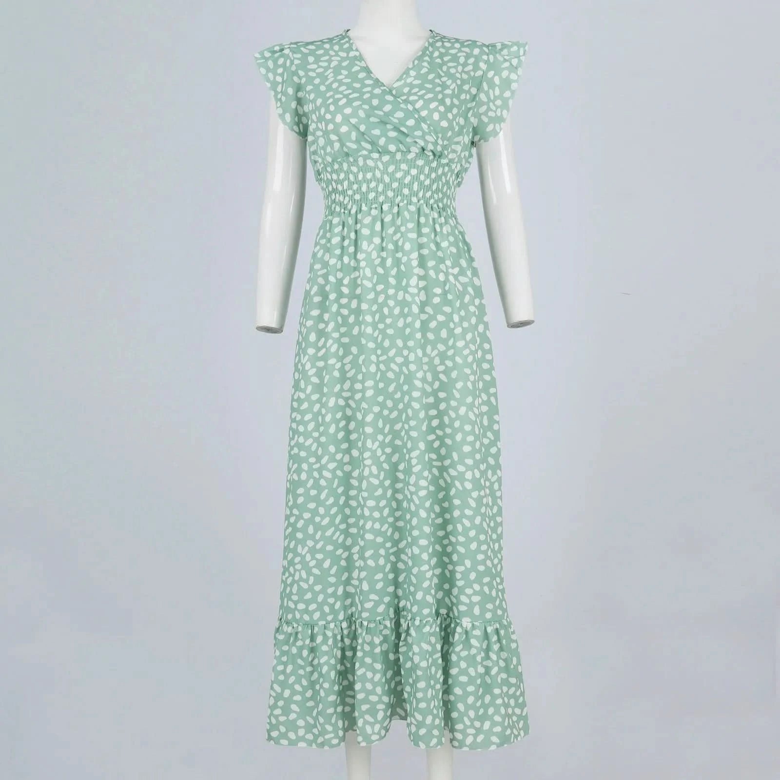 Polka Dot Dress For Women Sexy V-Neck Long Dress Casual And Fashionable Ruffle Edge Short Sleeved High Waisted Dress - M & M Global