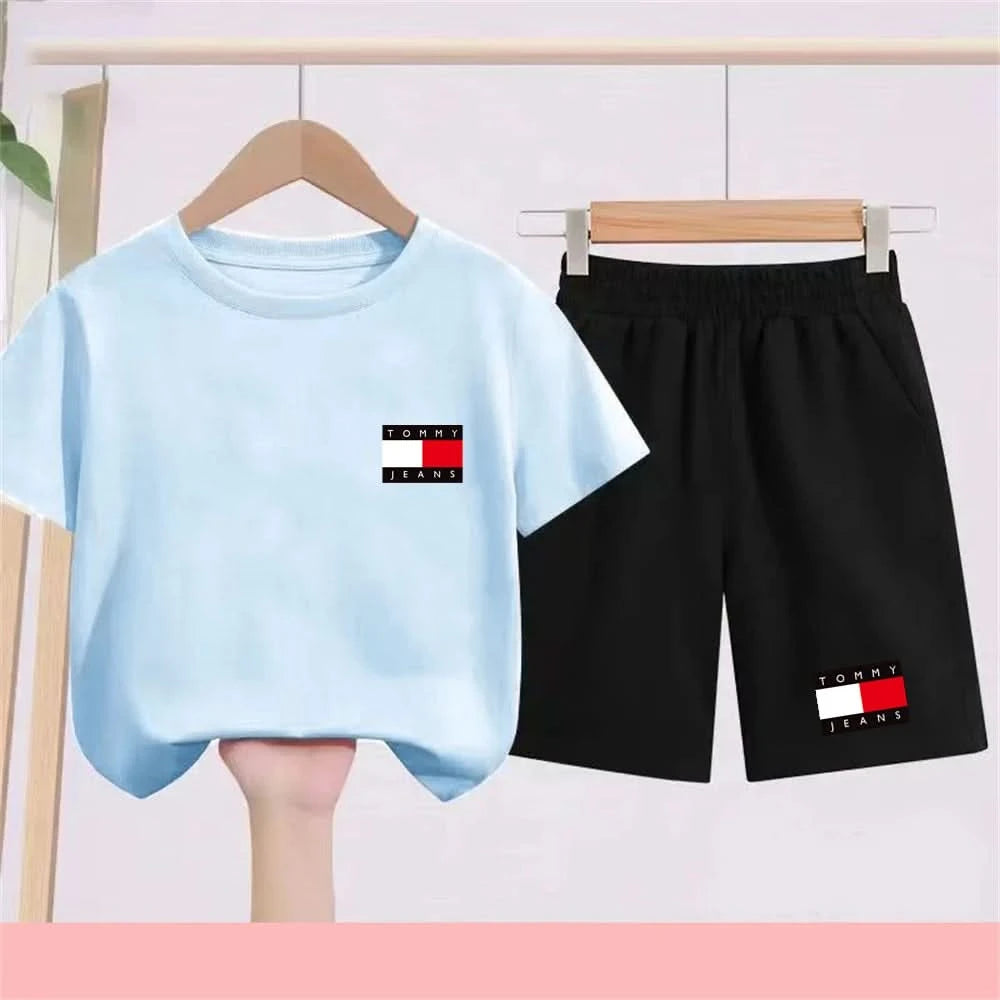 Kids Short sleeve Fashion T-shirt Boys Girls Toddler 3-12Yrs Tops and bottom Sunshine Casual Set outdoor sport black Clothes - M & M Global