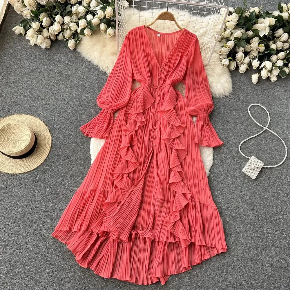 Purple/Brown/Red Chiffon Pleated Long Dress Women Vintage V-Neck Flare Sleeve Draped Ruffle Vestido Female Maxi Robe Spring Fall - M & M Global