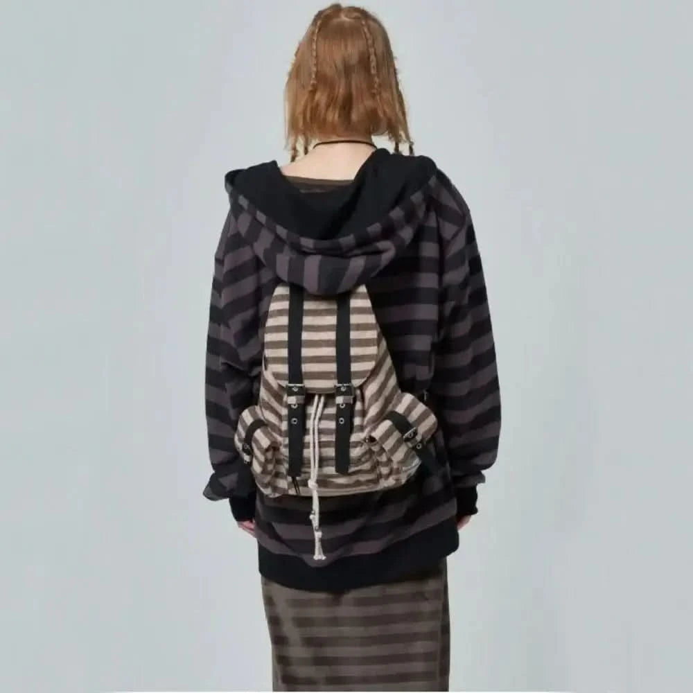 High Quality Korean Style Backpacks Drawstring Design Large Capacity Casual Bookbags Soft Flat Stripe Tote Bags - M & M Global