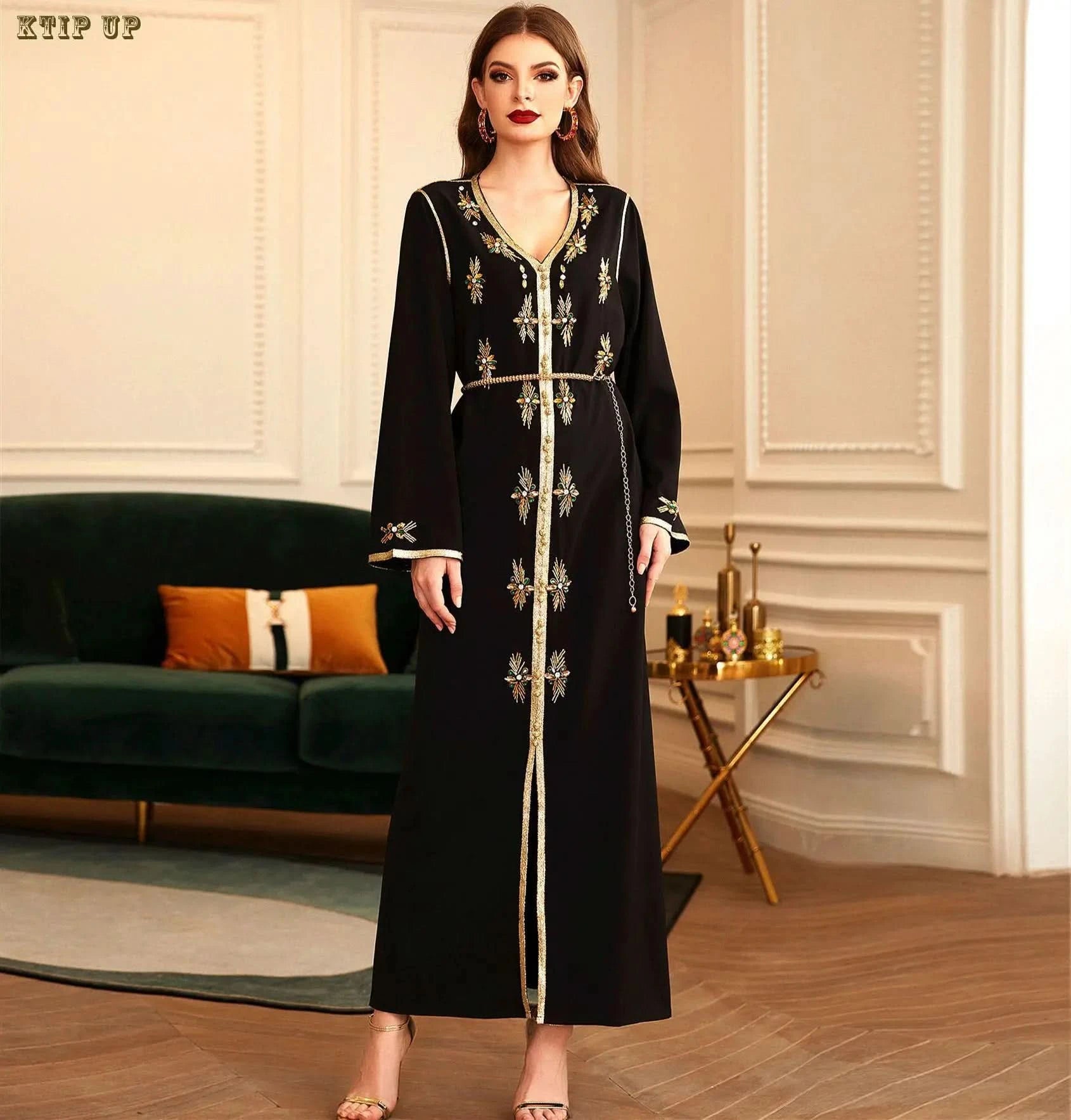 Ramadan Luxury Muslim Fashion Bat Sleeve Moroccan Turkiye Dubai Dress Middle East Arab Dress Sequins Golden Velvet Long Dress - M & M Global