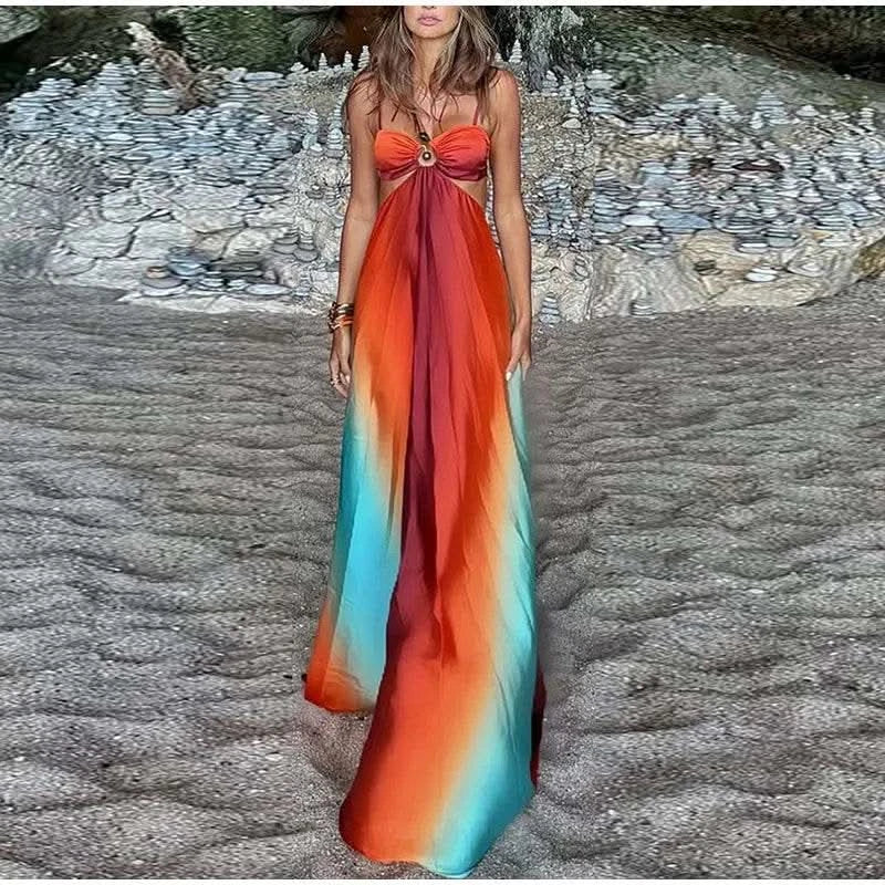 Bohemia Gradient Printed Sling Beach Maxi Dress Women Spaghetti Strap Sleeveless Backless Long Dress Female Hollow Out Chic Robe - M & M Global