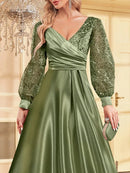 Luxury Blue V-Neck Sequin Evening Dress 2024 Elegant Women Party Maxi Dress Long Sleeve Cocktail Dress Prom Gown
