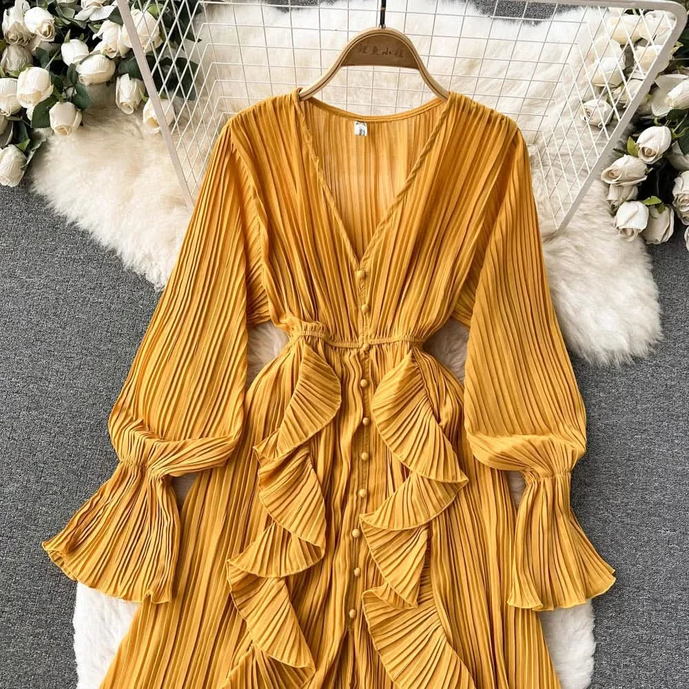 Purple/Brown/Red Chiffon Pleated Long Dress Women Vintage V-Neck Flare Sleeve Draped Ruffle Vestido Female Maxi Robe Spring Fall - M & M Global