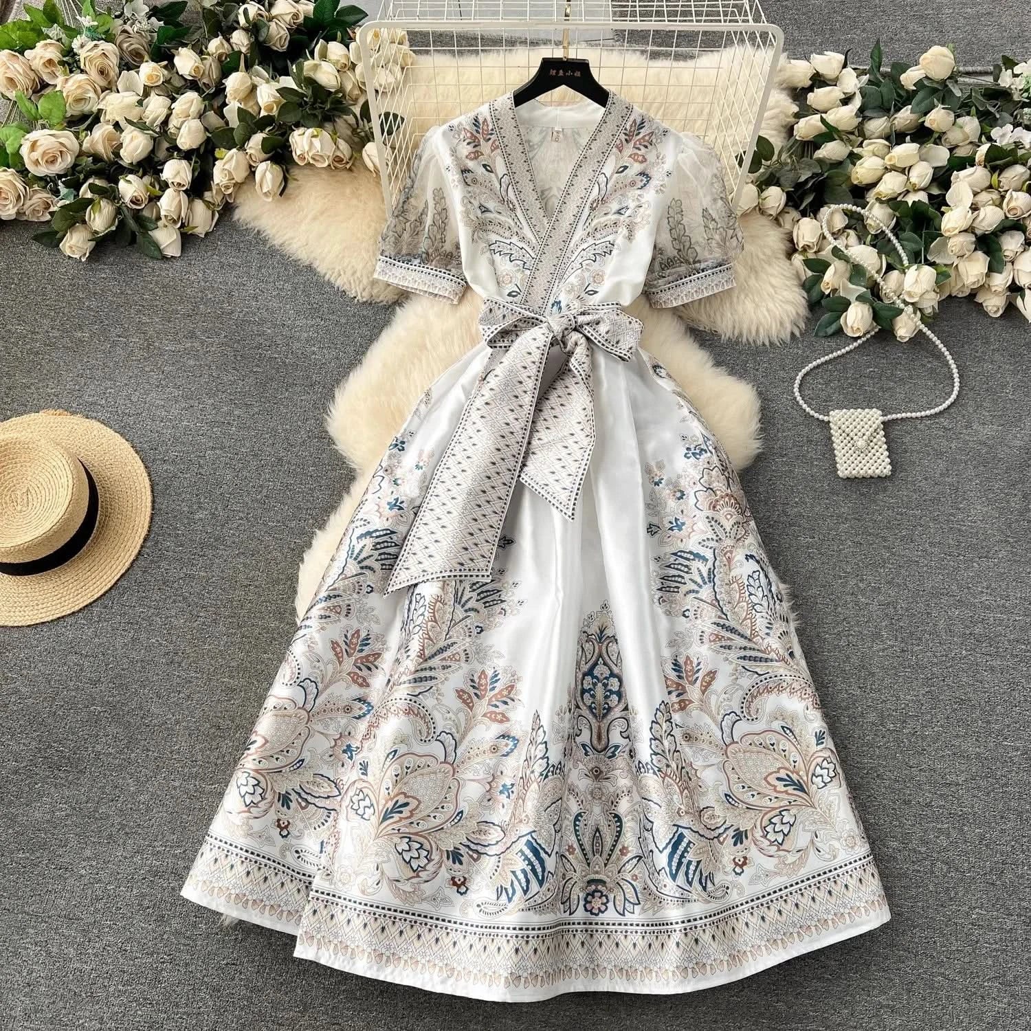 Summer Bohemian Paisley Print Long Dress Women V-Neck Short Puff Sleeve Vintage Print Bandage Lace Up Robe Vestidos Clothes 6237 - M & M Global