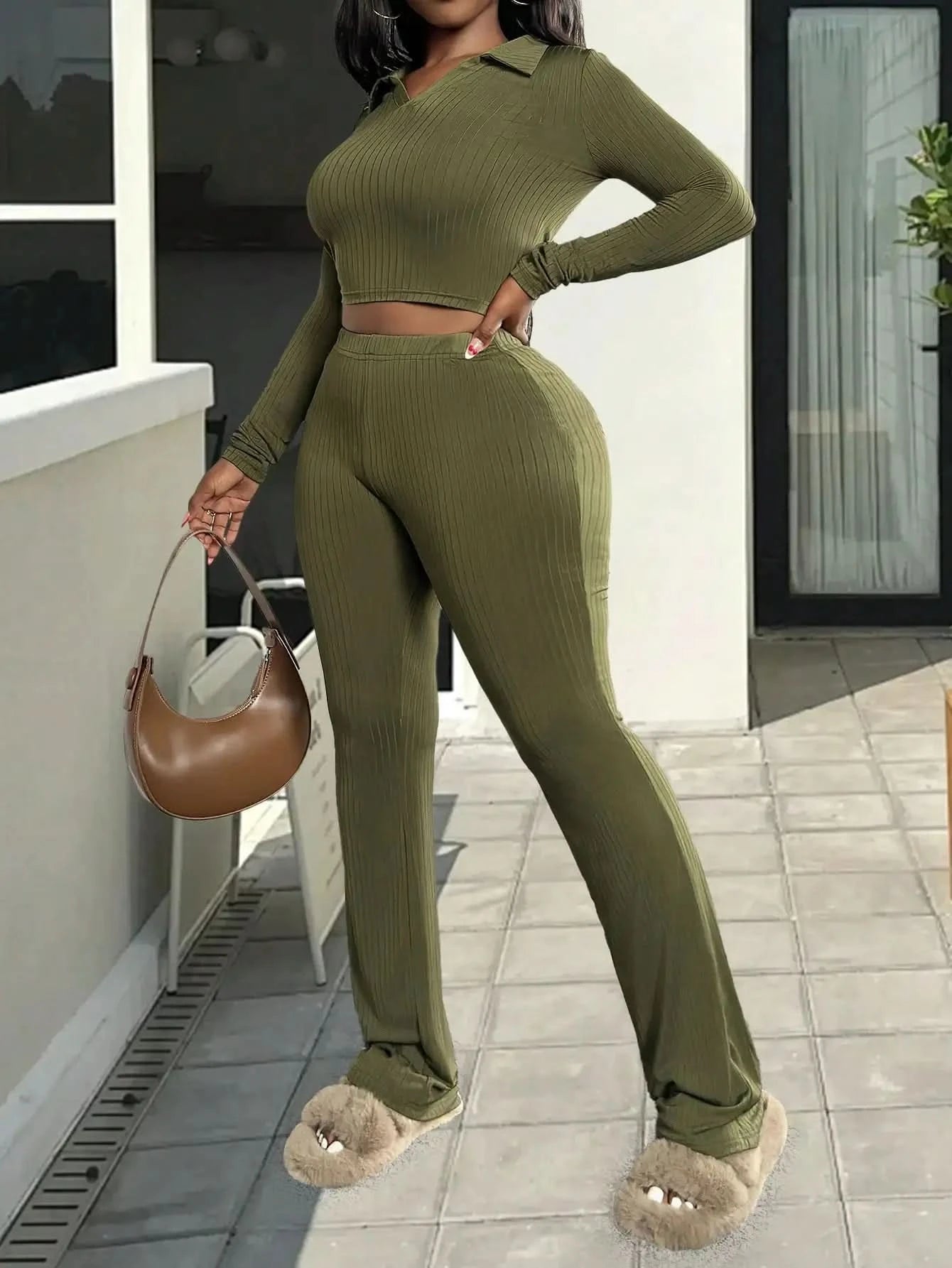 2025 Newest Women's Two-Piece Set Casual Comfortable V-Neck Ribbed Knit Solid Color Long Sleeve Top and Pants