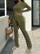 2025 Newest Women's Two-Piece Set Casual Comfortable V-Neck Ribbed Knit Solid Color Long Sleeve Top and Pants