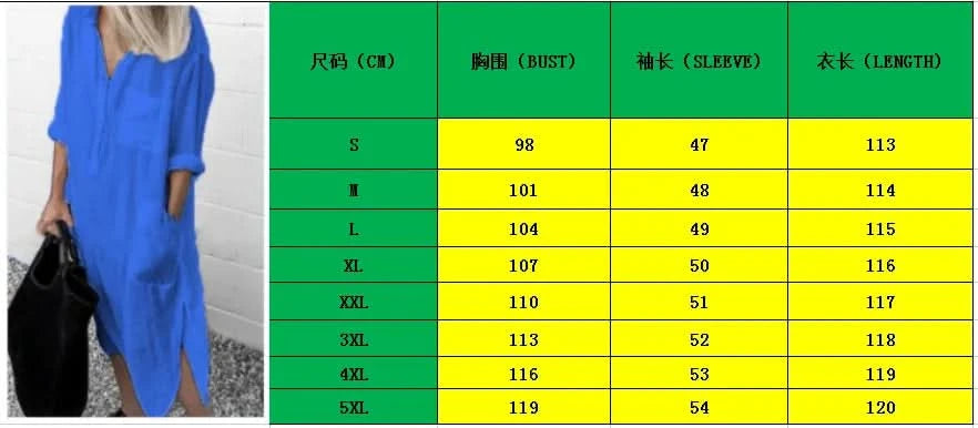 Spring Summer Women's Solid Color Loose Split Shirt Midi Dress Elegant Casual Button Pocket V-Neck Long Sleeve Long Dress 2024 - M & M Global