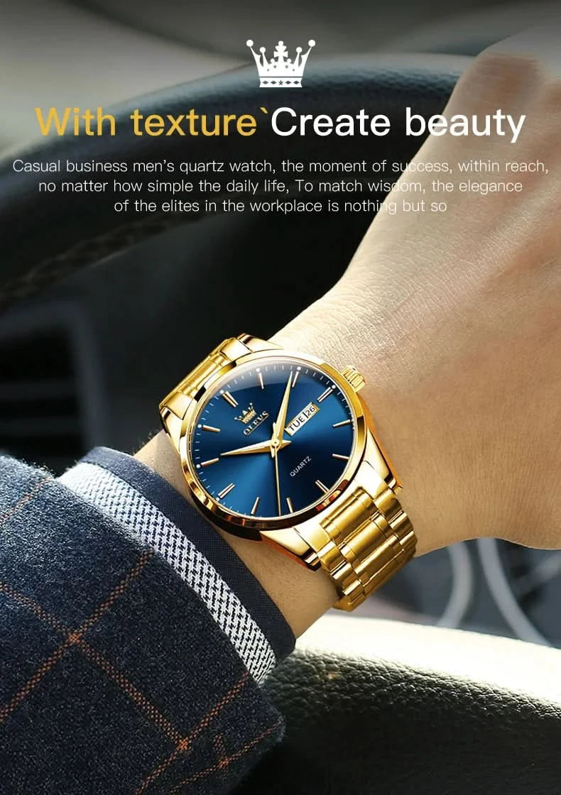 OLEVS Men Watches Waterproof Stainless Steel Quartz Male Wristwatch Gold Watch Fashion Luminous Luxury Calendar Business Clock - M & M Global