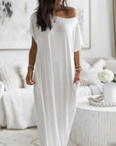 Summer Home Long Dress Comfortable Casual Sexy One-shoulder Bat-sleeve Dress Women's Short-sleeved Long Dress - M & M Global