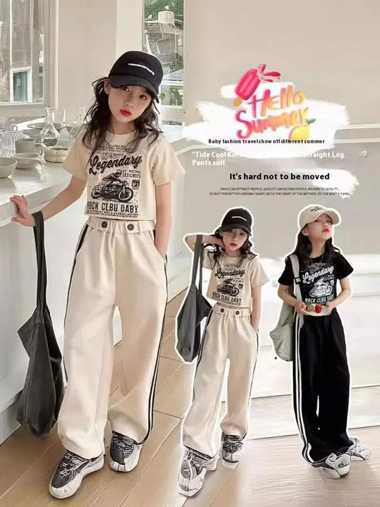 Girls' summer casual suit, new children's fashionable T-shirt, casual pants, summer dress, foreign short-sleeved two-piece set, - M & M Global