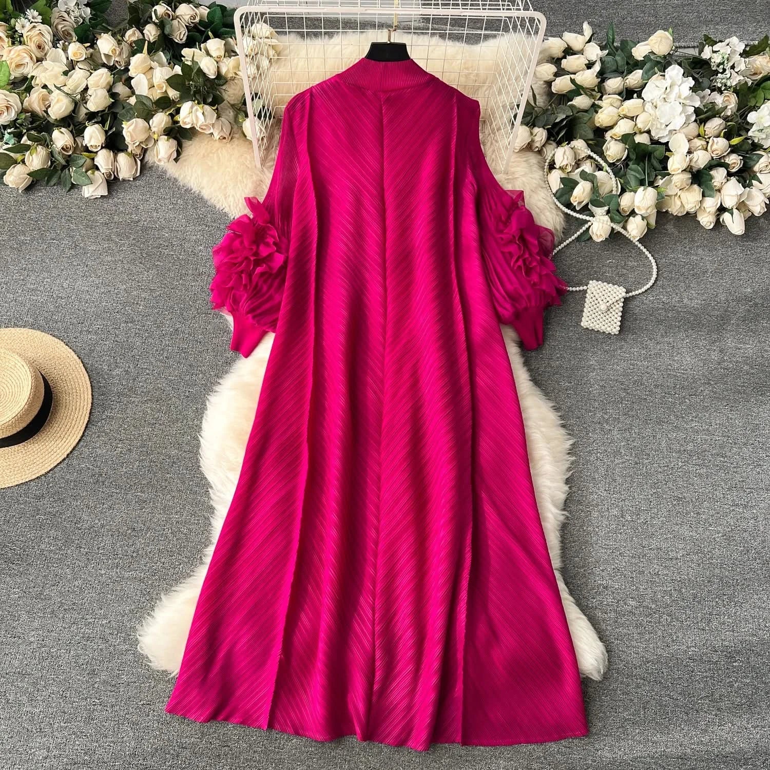 Sweet Pleated Vintage Three-dimensional Flower Loose Long Dress Chic Evening Korean Fashion Fashion Women Summer Dresses - M & M Global