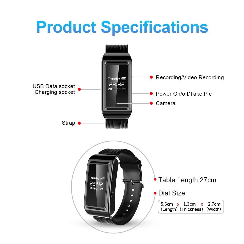 HD Mini Camera Watch 8-256GB Video Voice Recorder Bracelet USB Flash Driver Dictaphone Noise Reduce Sound Recording Wristband - M & M Global
