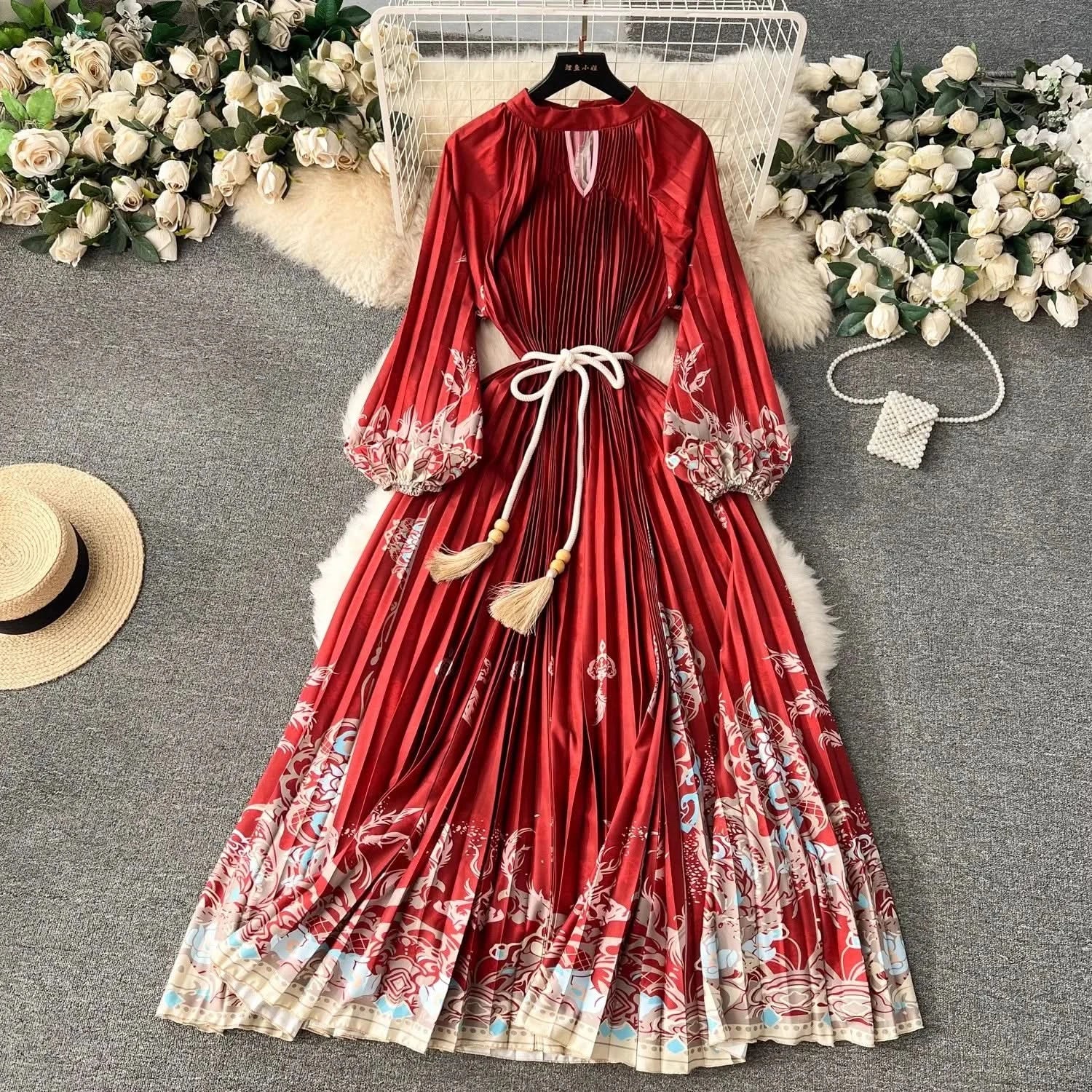 Spring Holiday Print Long Dress For Women Fashion Loose Lantern Sleeve Party Robe Female Big Swing Tassels Belt Pleated Clothes - M & M Global