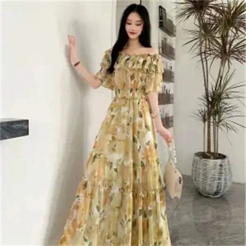 2024 New Summer Women Sexy Slash Neck Short Sleeve Slim Long Dress Fashion Patchwork Big Hem Sweet Ruffles Floral Dress - M & M Global