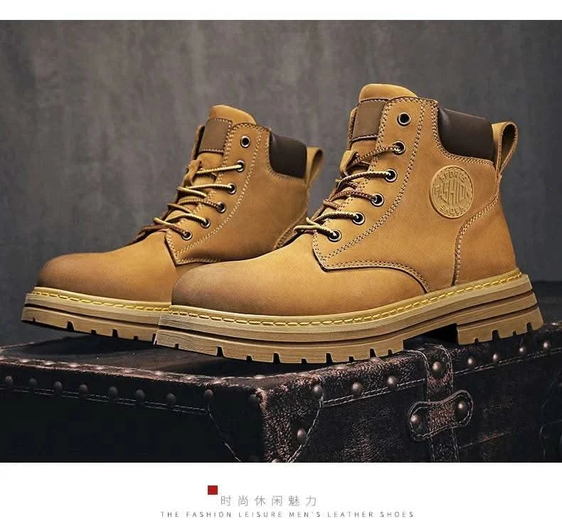 Boots Men High Top Boots High Quality Women Leather Shoes Fashion Outdoor Sneakers Men Lace Up Non-Slip Ankle Boots for Couple - M & M Global