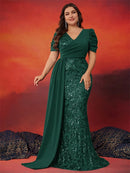 Plus Size Elegant Short Sleeve Sequins Formal Evening Dresses Women Luxury Mermaid Wedding Party Bridesmaid Gowns