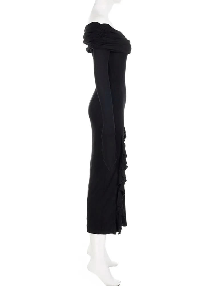 IAMSURE Elegant Fashion Dark Ruffles Split Long Dress Gothic Slash Neck Long Sleeve Maxi Dresses For Women 2023 Holiday Beach - M & M Global