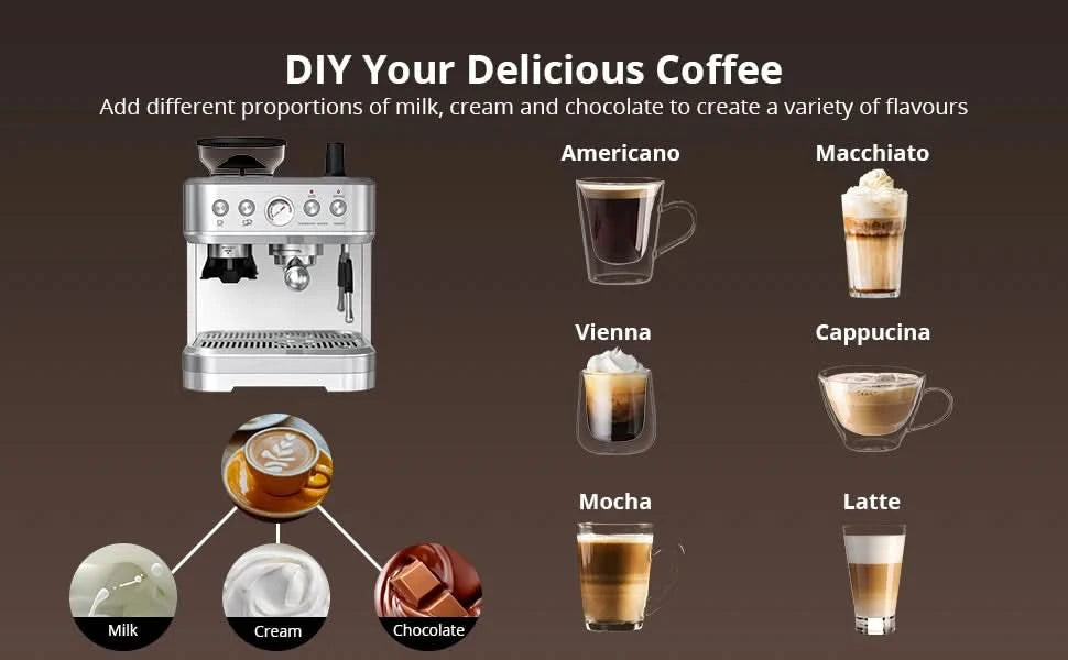 Professional Espresso Machine with Built-In Grinder and Milk Frother, 15 Bar Cappuccino and Latte Maker, Gift for Coffee Enthusi - M & M Global