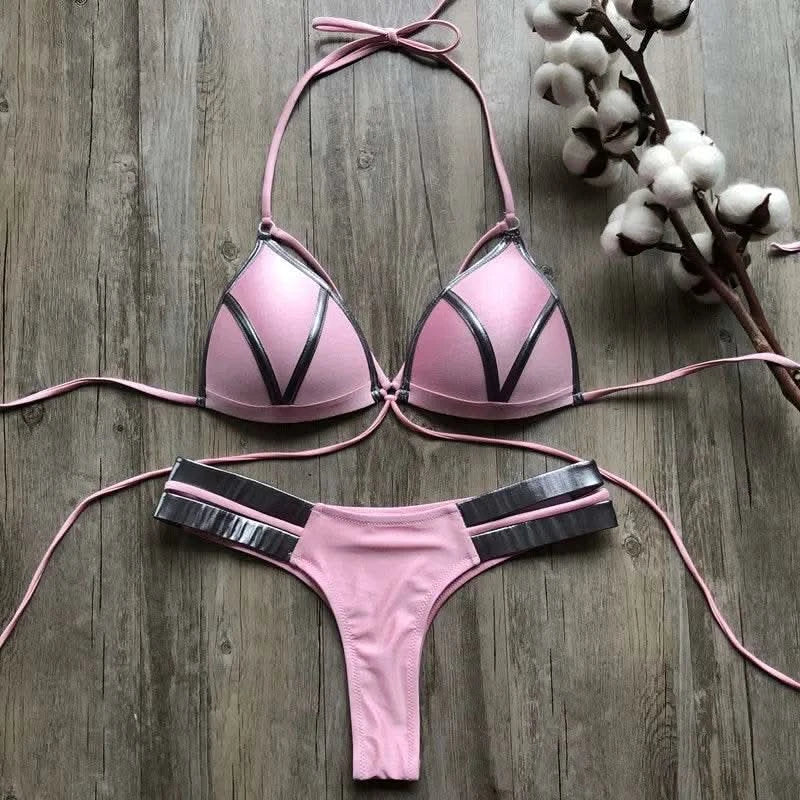 Contrast Trim Wrap Lace Up Bikini Sets Swimsuit For Women High Waist Two Pieces Swimwear 2022 Beach Bathing Suits - M & M Global