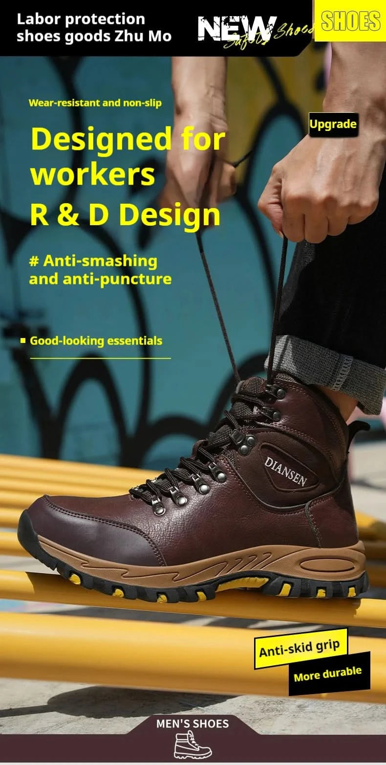 Rotating Button Steel Toe Safety Shoes For Men's Work Boots Indestructible Work Construction Pu Leather Anti Puncture Men Boots