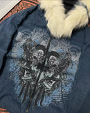 Y2K New American Fashion Trend Joker Pattern Printed Fur Collar Zipper Hoodie Women Street Casual Loose Fleece Padded Sweatshirt