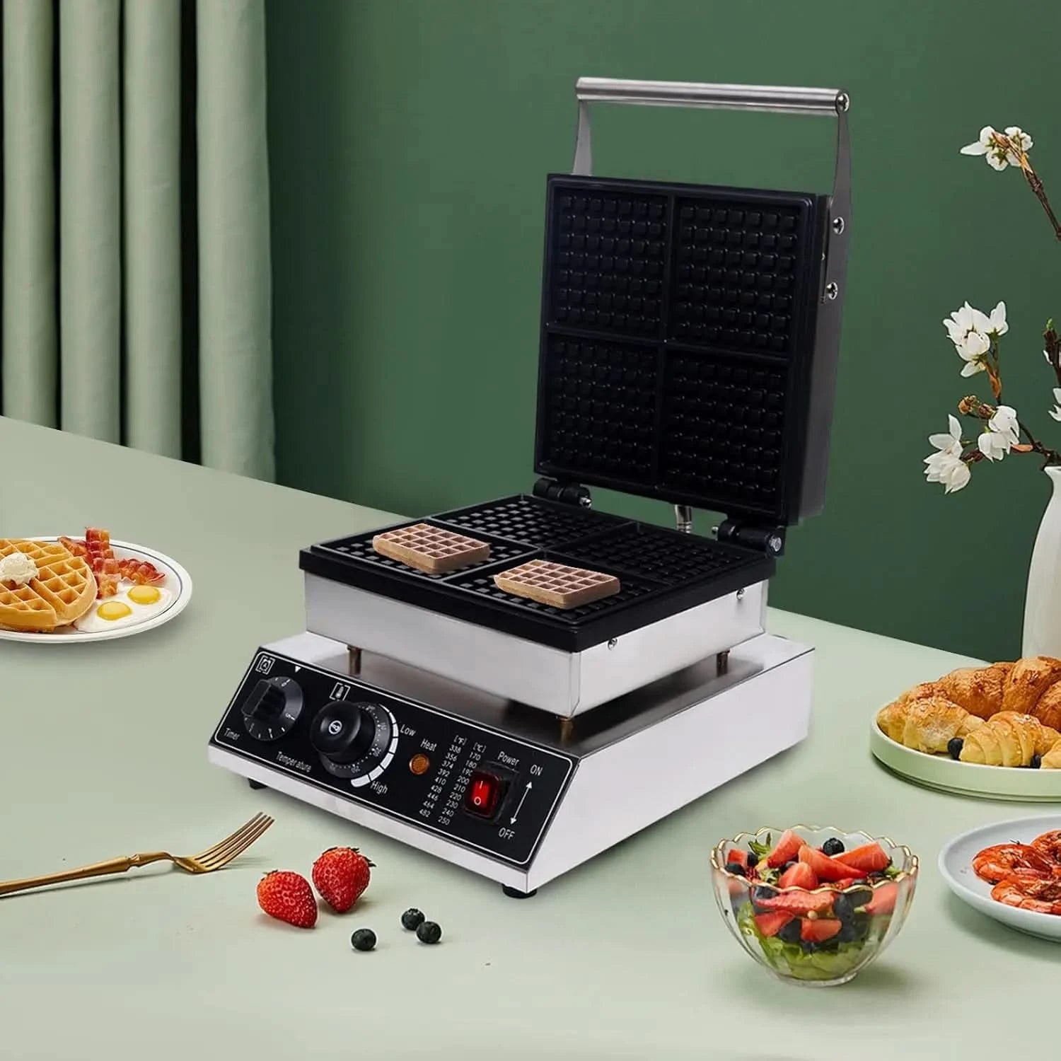 4 Grids Belgian Waffle Pancake Maker,Non-stick Pancake Baker Machin with Dual Heating Pans,110v Waffle Pancake Maker for Commerc - M & M Global