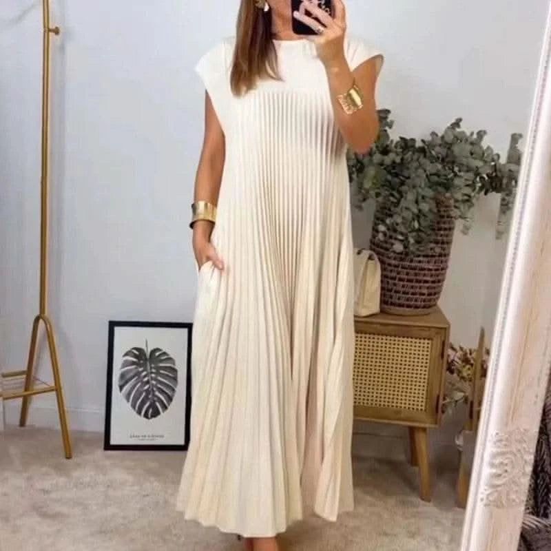 Chic Simple O-neck Pleated Long Dress Women 2024 Fashion Solid Sleeveless Boho Beach Dress Casual Pocket Female Loose Maxi Dress - M & M Global