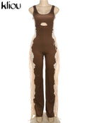 kliou Tassel Panelled Jumpsuits Women Casual Street Fashion U-neck Sleeveless Hollow Out Overalls Female Unique Cool Attirewear