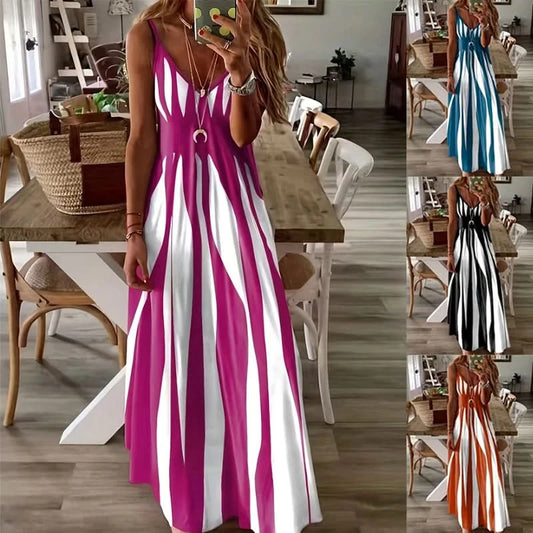 Large size positioning printed spring/summer new V-neck long dress dress - M & M Global