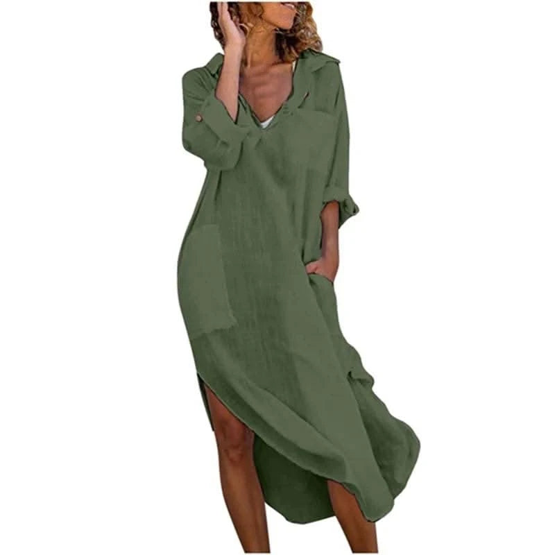 Casual Cotton Linen Loose Shirt Dress Women Summer Fashion Streetwear Split Button Long Dress White Black Beach Holiday Vestidos - M & M Global