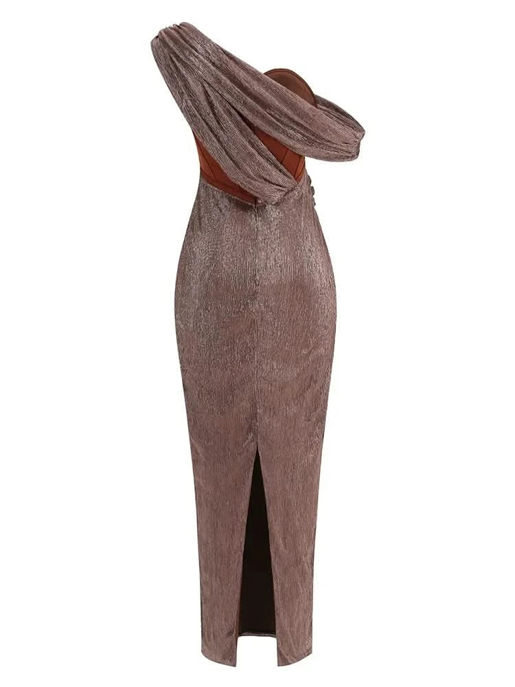 Sexy One Shoulder Draped Glitter Long Dress Women Brown Corset Sparkly Backless Bodycon Maxi Dresses Evening Party Gowns - M & M Global
