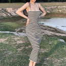 Striped Knitted Slim Dresses Women's Summer Skinny Sleeveless Bodycon Long Dress Casual Holiday Wrap Hip Sundress - M & M Global